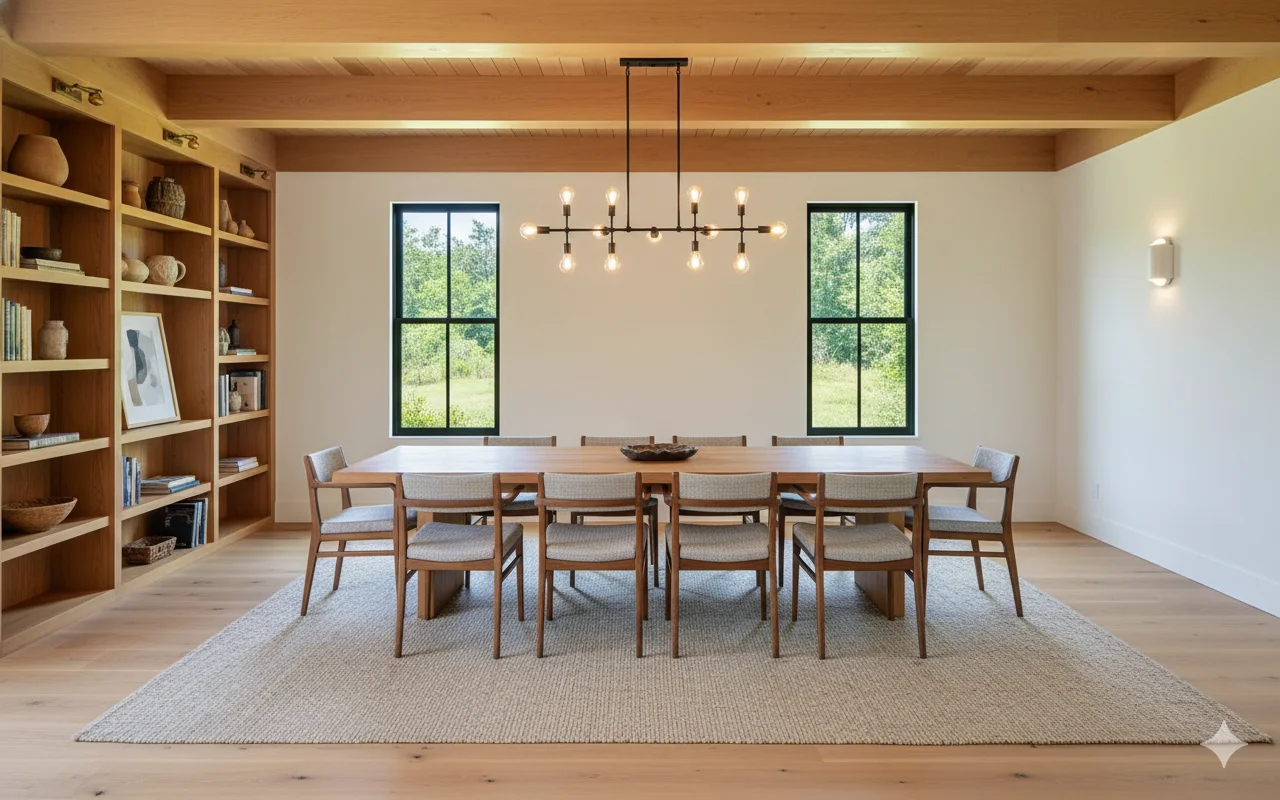 Dining room beneath a linear chandelier